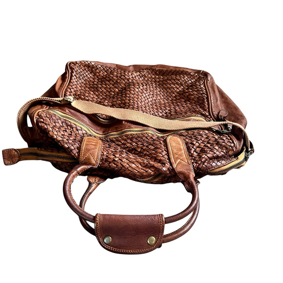 Bruno Magli Woven Leather Satchel Weekender Travel Bag Cognac Brown - Picture 7 of 16